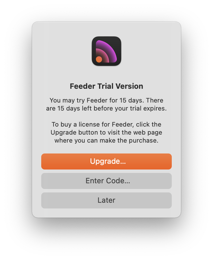 Feeder 4 Trial version upgrade panel