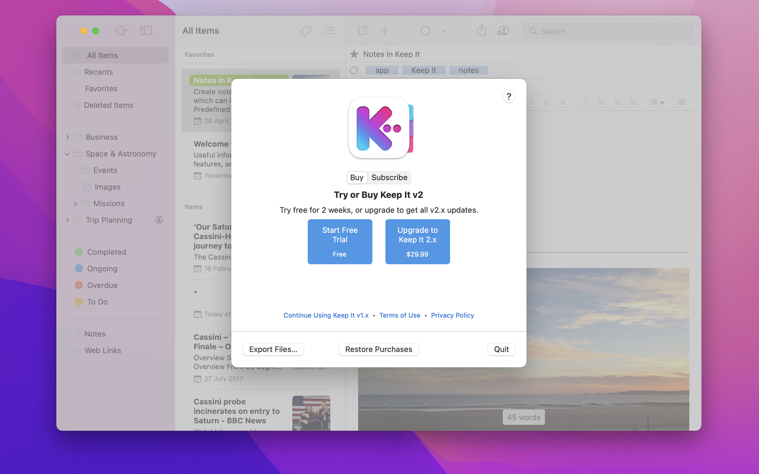 Keep It 2.0 upgrade in the Mac App Store
