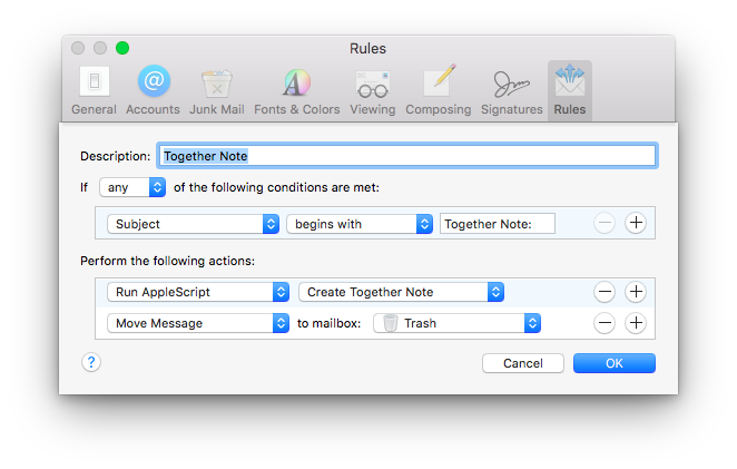 Screenshot of Mail's Rules sheet