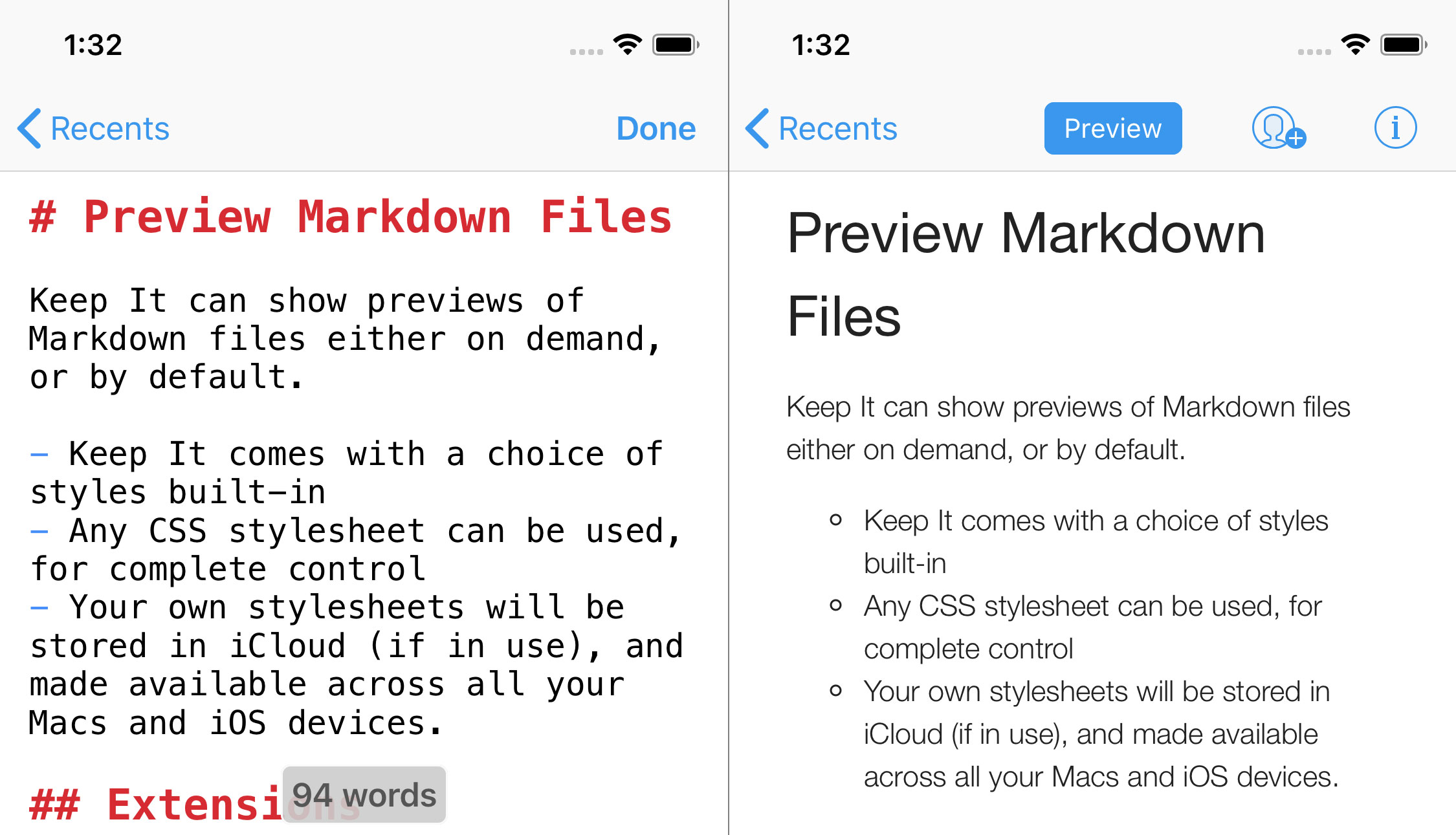 Markdown editor in Keep It for iPhone