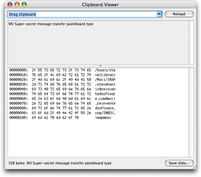 Clipboard viewer screenshot showing super-secret Mail drag