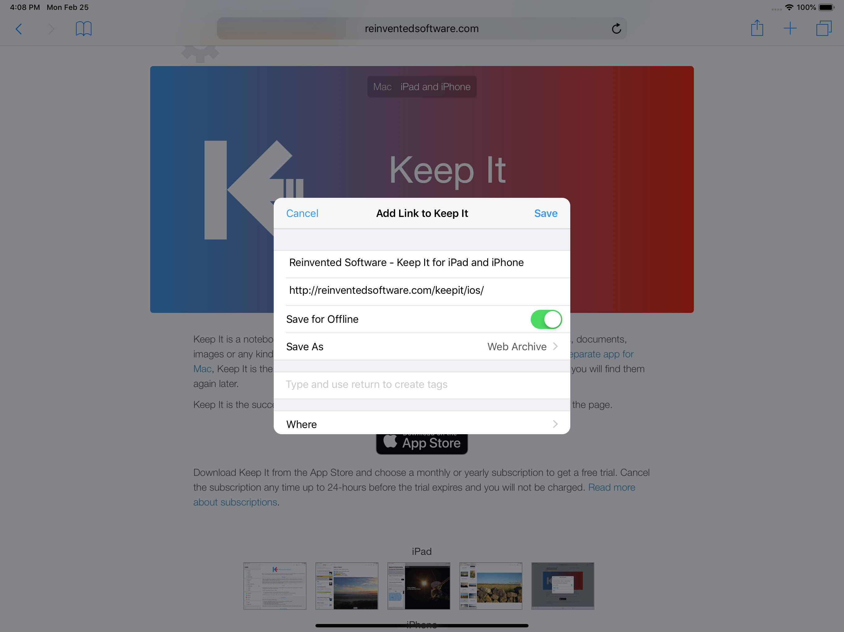 Keep It 1.6 for iPad, showing how to save a web link as a web archive in Safari