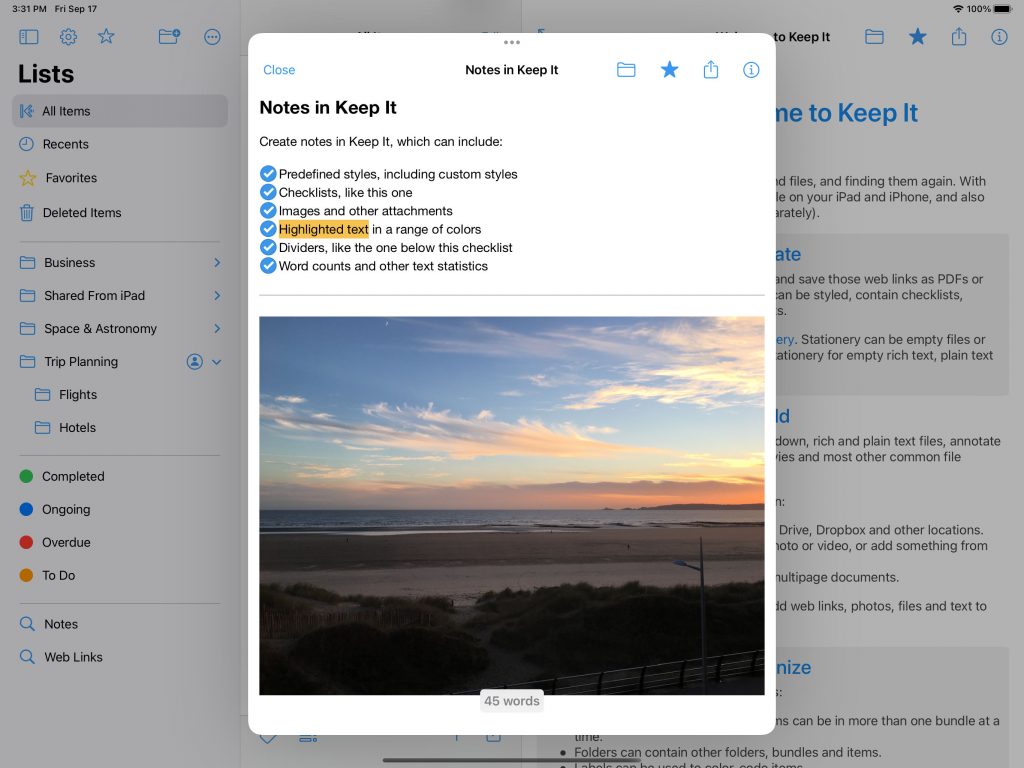 Keep It 1.11 for iPad note editor window open