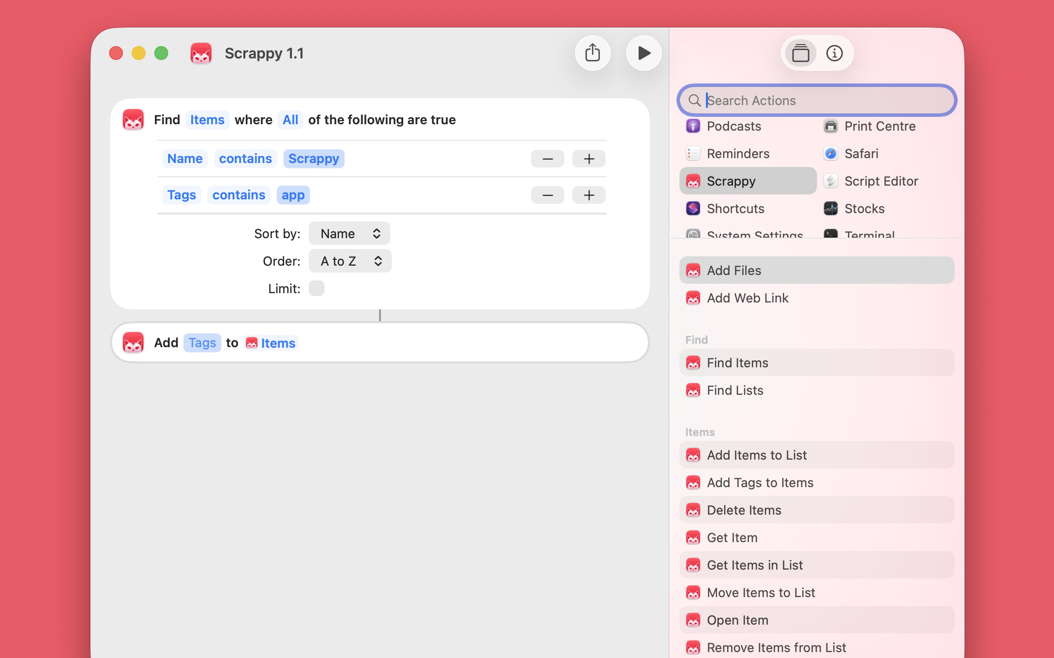 The Shortcuts app showing two Scrappy actions in the editor (Find Items, followed by Add Tags to Items, along with a longer list of available actions in the sidebar.
