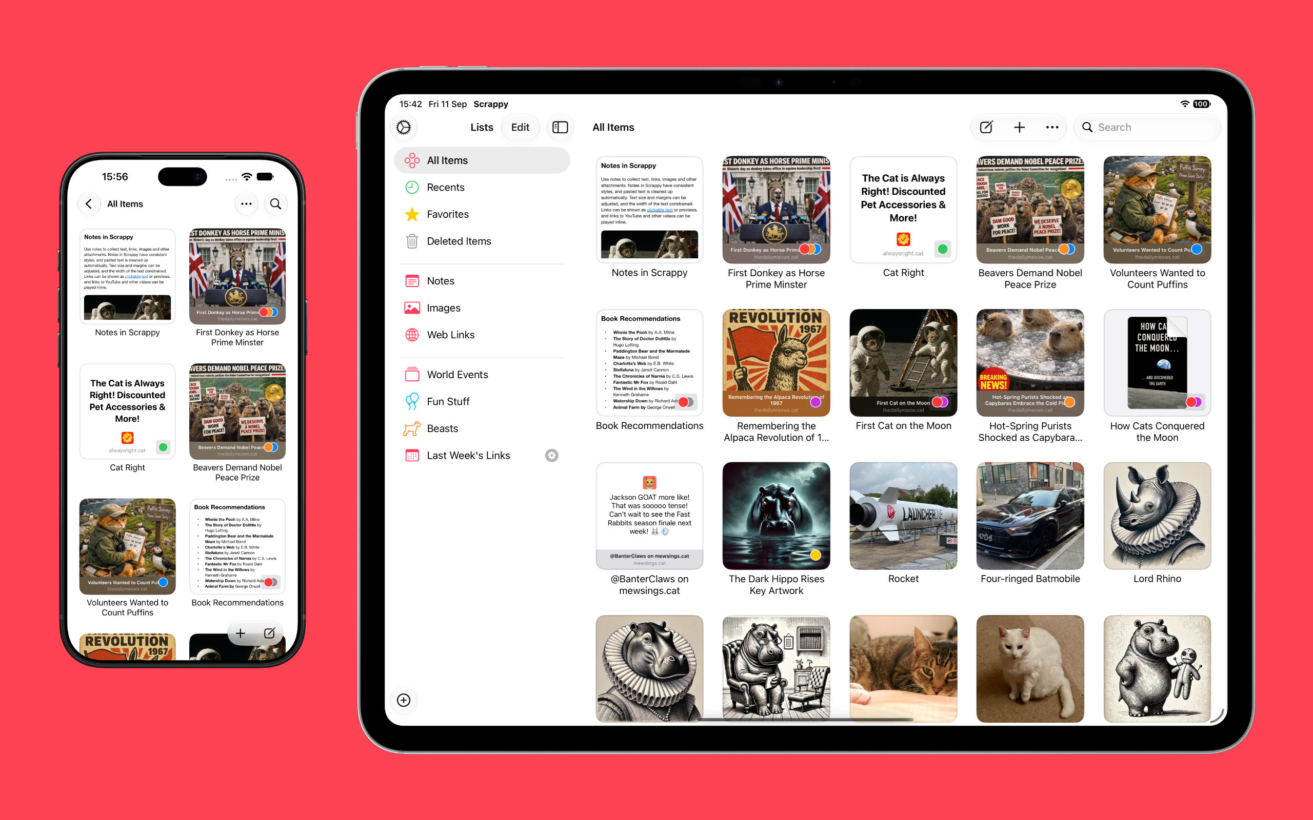 Scrappy 1.2 shown in device bezels for iPad and iPhone