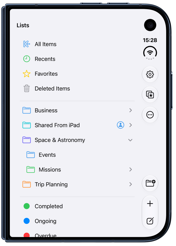 Lists view in Keep It on iPhone Duo Outer Screen