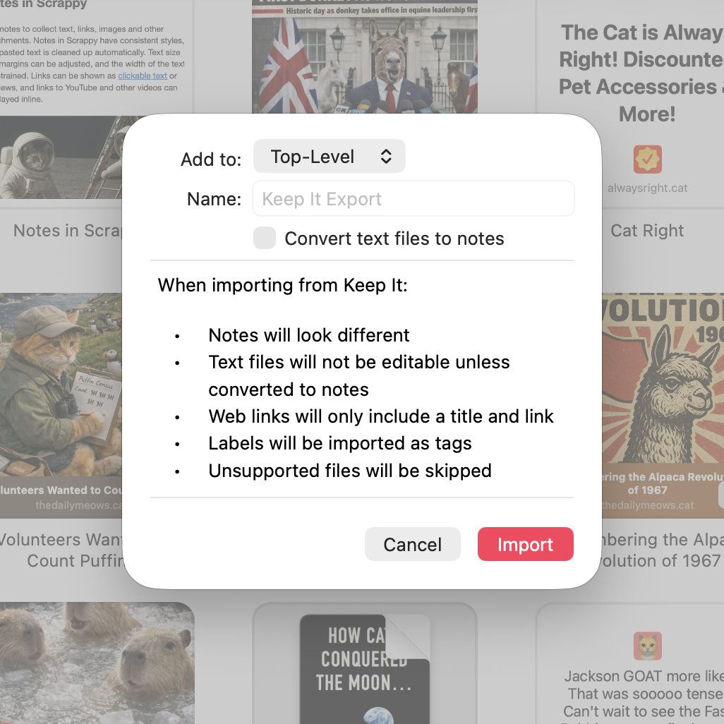 Import confirmation sheet in Scrappy