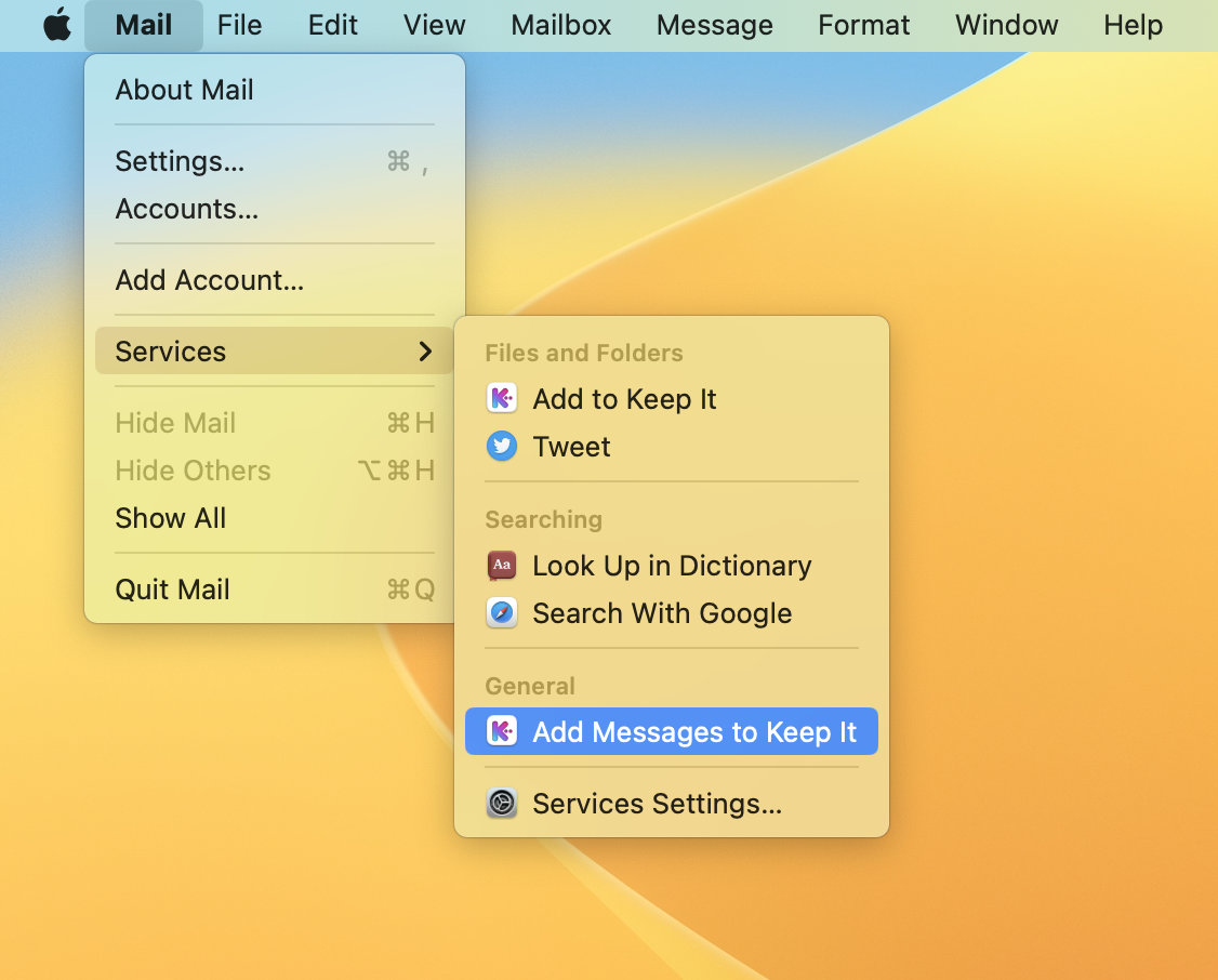 Screenshot showing Mail's Services menu with Add Messages to Keep It highlighted