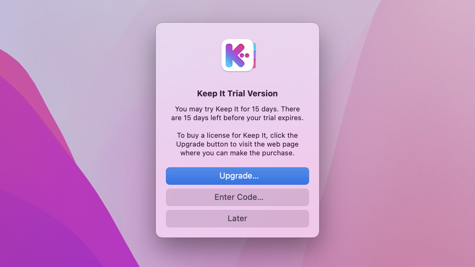 Upgrade alert in Keep It 2.0 from Reinvented Software